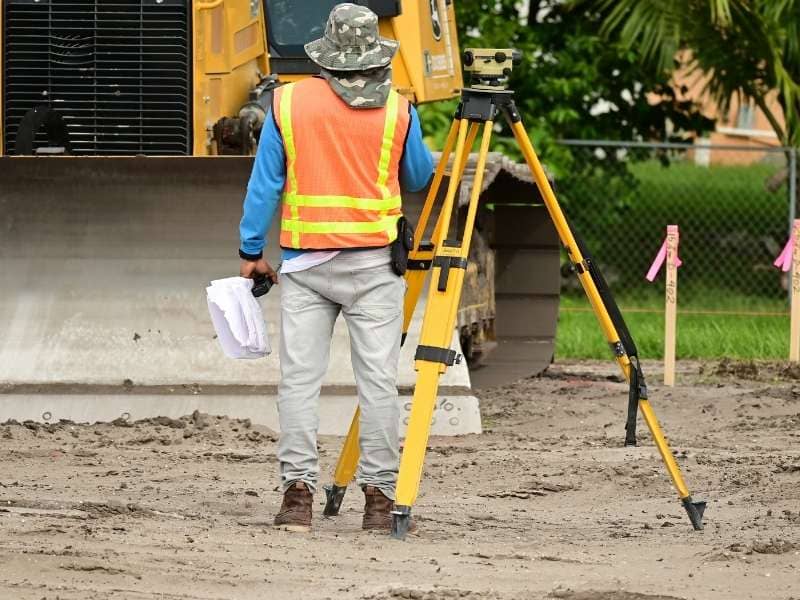 Property surveyor performing a boundary survey cost assessment using surveying equipment on a residential lot