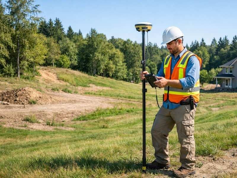 Land surveyor conducting a topographic survey to map elevation changes across a residential property