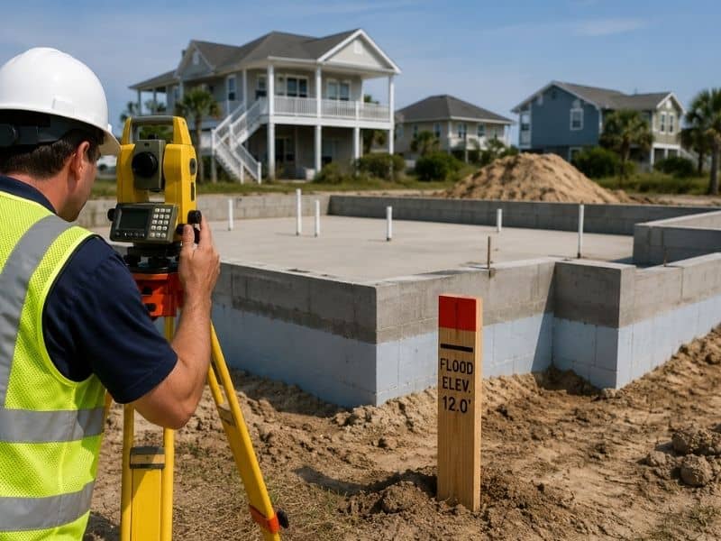 Surveyor checking the required flood elevation line beside a new residential foundation